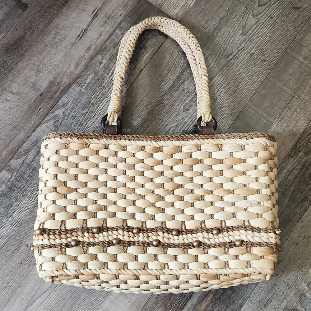 Woven Tan and Brown Cornhusk Purse Handbag‎ Boho Native Neutral Beaded Tropical